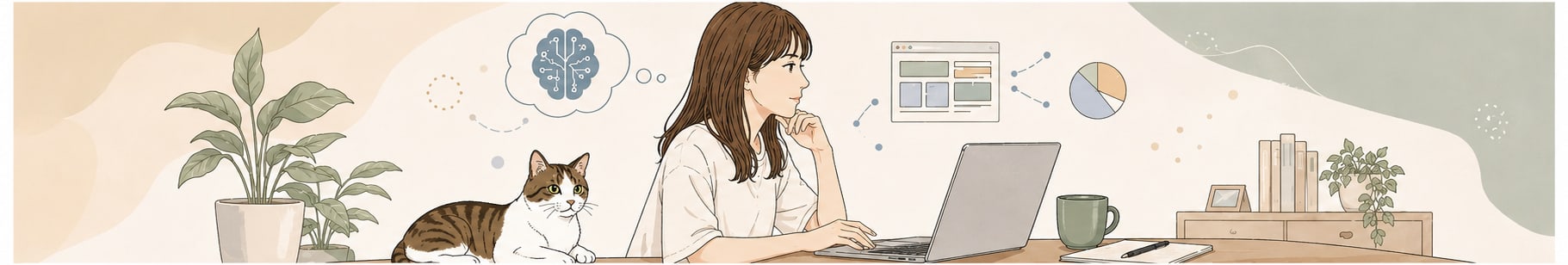 ノートパソコンに向かうイラストと、そばにいる猫