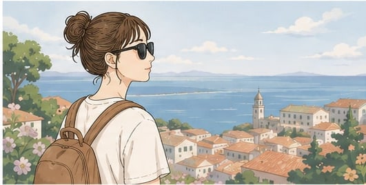 旅先で街と海をながめているイラスト
