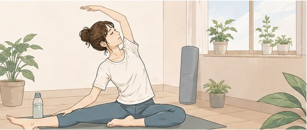 部屋でヨガのポーズをしているイラスト